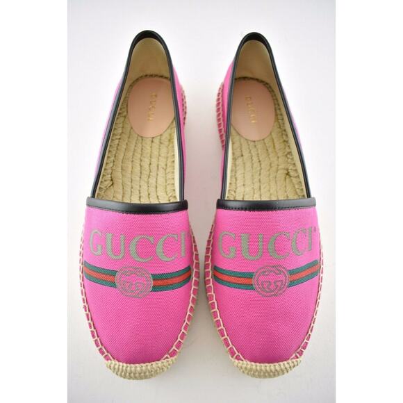 Gucci Pilar Pink Canvas Black Leather Trim GG Logo Print Flat Espadrilles 35 - Picture 7 of 12